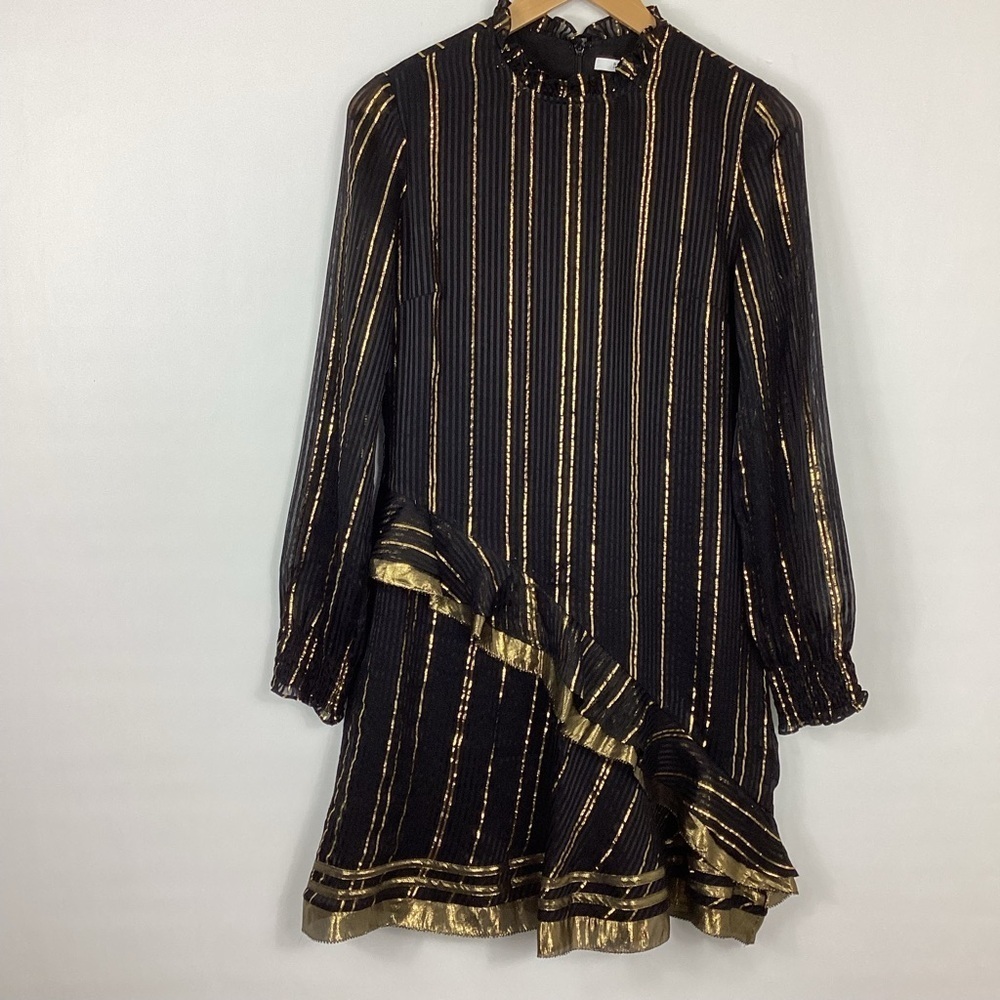 Derek Lam 10 Crosby Black Ruffle Golden Stripe Silk Dress Size 6